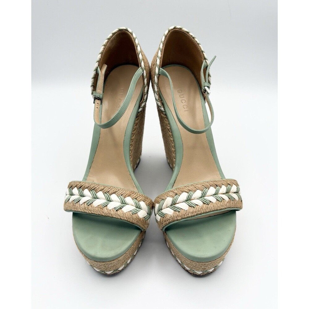 Gucci Light Green Leather & Rattan Wedge Espadrille Sandals Sz EU 38 - Picture 7 of 12